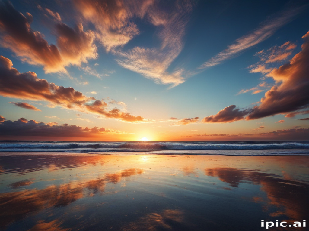 Serene Sunset Over Ocean Waves with Colorful Clouds and Reflections