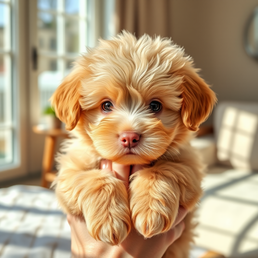 Generate an image of a fluffy light brown puppy being held by a person with a cozy indoor background featuring sunlight and soft textures the puppy has a cute expression with big eyes and a small nose