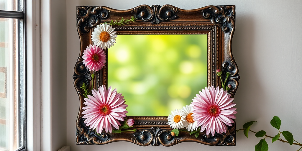 regenerate an image of a decorative frame with a floral design featuring pink and white daisies along with green leaves, captured with a Canon EOS R5, 50mm lens, f/1.8 aperture, ISO 100, natural light from a window for enhanced softness and color vibrancy