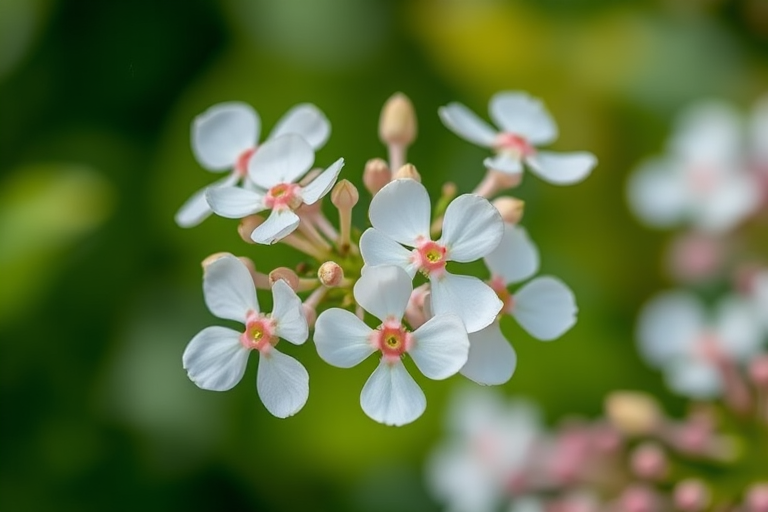 Capture a close-up of a cluster of white and pink flowers with a blurred green background using a DSLR camera, f/2.8 aperture, 50mm lens, ISO 100, and natural soft lighting.