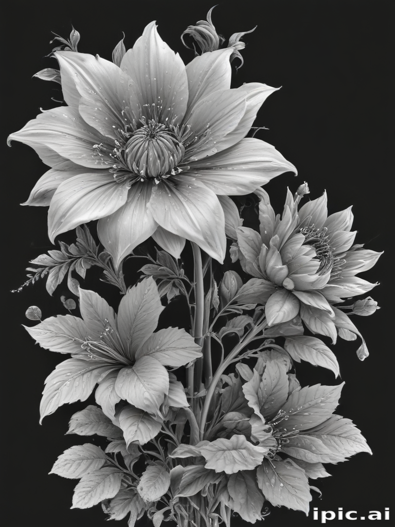 Intricate Black and White Floral Arrangement with Detailed Petals and ...