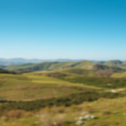 Capture a high-resolution image of a serene landscape featuring rolling hills under a clear blue sky, with a focal length of 50mm, aperture set to f/8 for depth of field, ISO 100 for clarity, shot with a DSLR camera from a slightly elevated angle to emphasize the foreground and background.
