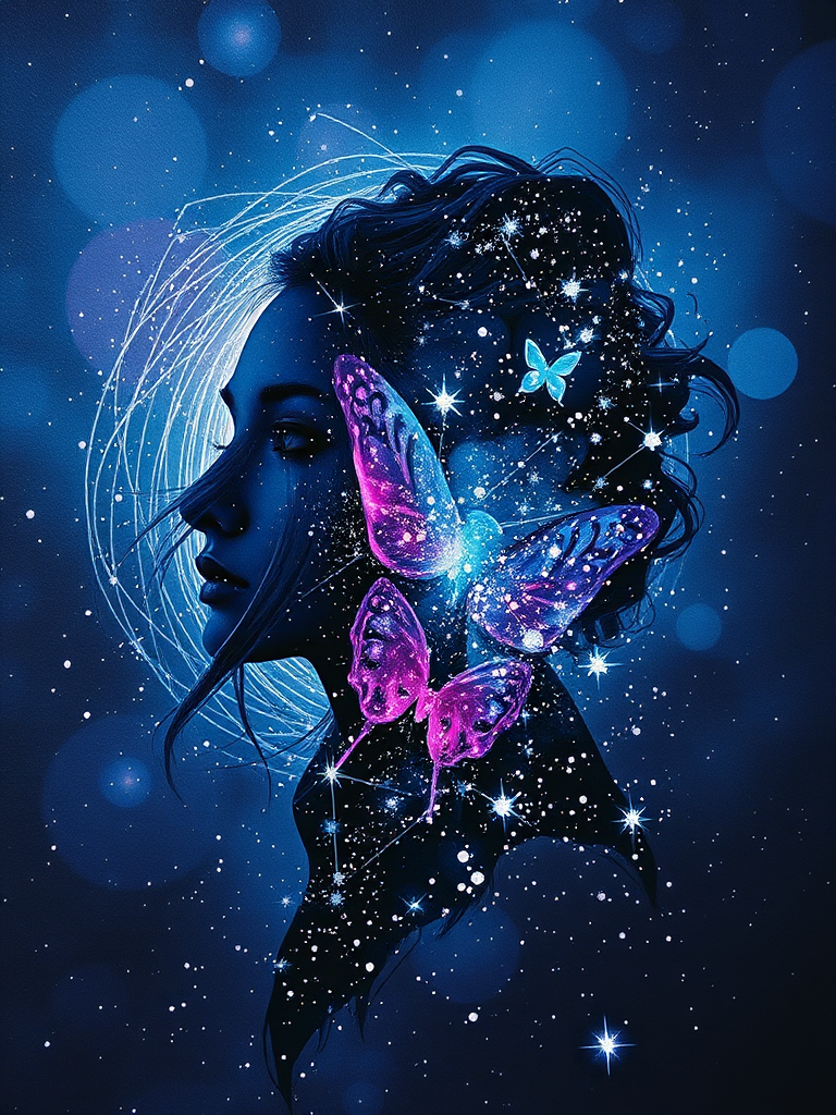 Captivating conceptual render alcohol ink art, double exposure, the paint strokes artfully merge combining a woman's full silhouette with a Beaming butterfly's silhouette. The figures are composed of a series of colored dots, lines & spots that evoke the image of a cosmic galaxy, colors are deep shades of blue purple & black with flashes of white & silver representing distant stars. The woman's silhouette is formed within the lion's silhouette from constellations of scattered stars, surreal