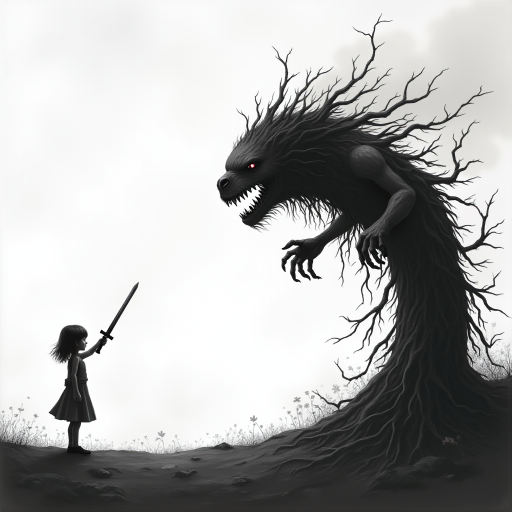 Fight your fears illustration of black and white minimalist of a little girl standing on a hill, raising a sword in hand, she is facing a large menacing creature with large head, sharp teeth and sharp claws, its body is made of vines and roots. The background is a cloudy sky with a hint of smoke or fog. The overall mood of the image is dark and eerie.