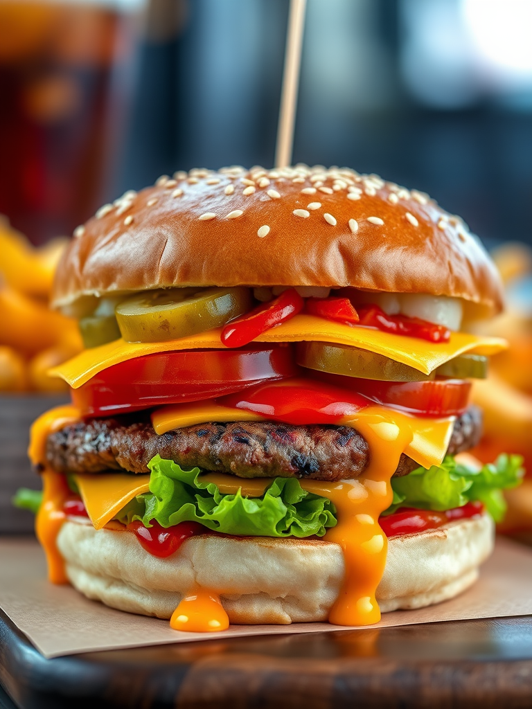 High-resolution, close-up image of a gourmet double cheeseburger. The burger features a glossy, sesame-seed-topped brioche bun. Inside, there are two thick, juicy beef patties, each topped with melted cheddar cheese. The burger is garnished with fresh lettuce, tomato slices, diced onions, and pickles. A generous amount of ketchup and a creamy, orange-colored sauce is dripping down the sides, adding to the mouth-watering appeal. In the background, there are blurred elements including a side of golden French fries and a hint of a beverage, enhancing the overall presentation of a delicious meal.