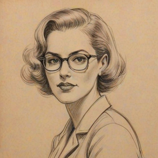 Appealing Erica Cerra, pencil sketch, portrait of Pleasing woman 1937s in glasses, hair style beatnik, outline, clear lines, fine lines, 8k