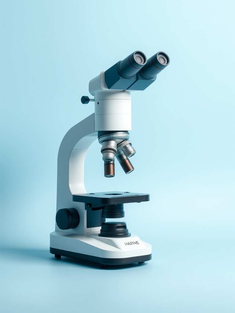 high-resolution illustration of a modern microscope on a light blue background, camera settings: ISO 100, f/8, shutter speed 1/60 sec, camera view: 45-degree angle, camera style: clean and minimalistic, camera type: digital SLR