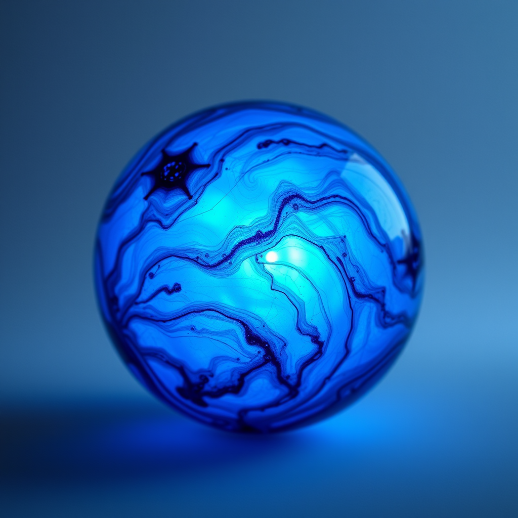 Create a high-resolution image of a spherical, glowing blue orb with swirling textures and subtle dark accents, captured with a DSLR camera in RAW format, using a 50mm lens at f/2.8, ISO 100, shot from a frontal view with soft lighting to enhance depth and detail.