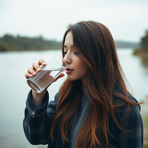 Regenerate the image of a woman with long brown hair drinking from a glass of water by a serene river, using a DSLR camera with a 50mm lens, aperture set to f/2.8, ISO 100, and a shallow depth of field to enhance the background blur and focus on the subject.