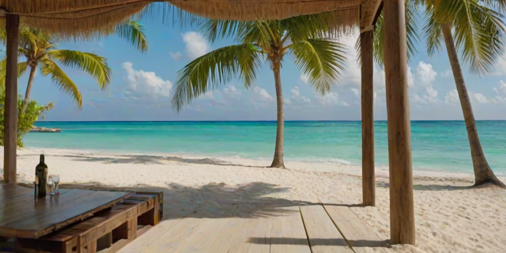 Create a picturesque tropical beach scene featuring a serene, white sandy shore. In the foreground, there's a rustic wooden canopy with white drapes gently flowing in the breeze. Underneath the canopy, a table is set with tropical decor, evoking a sense of relaxation and leisure. The beach extends into a calm, shallow water area with reflections of the sky and surroundings. Palm trees and lush greenery line the edge of the beach, providing a natural, tropical backdrop. The sky is clear with a few scattered clouds, and the overall atmosphere is tranquil and inviting, perfect for a peaceful retreat.