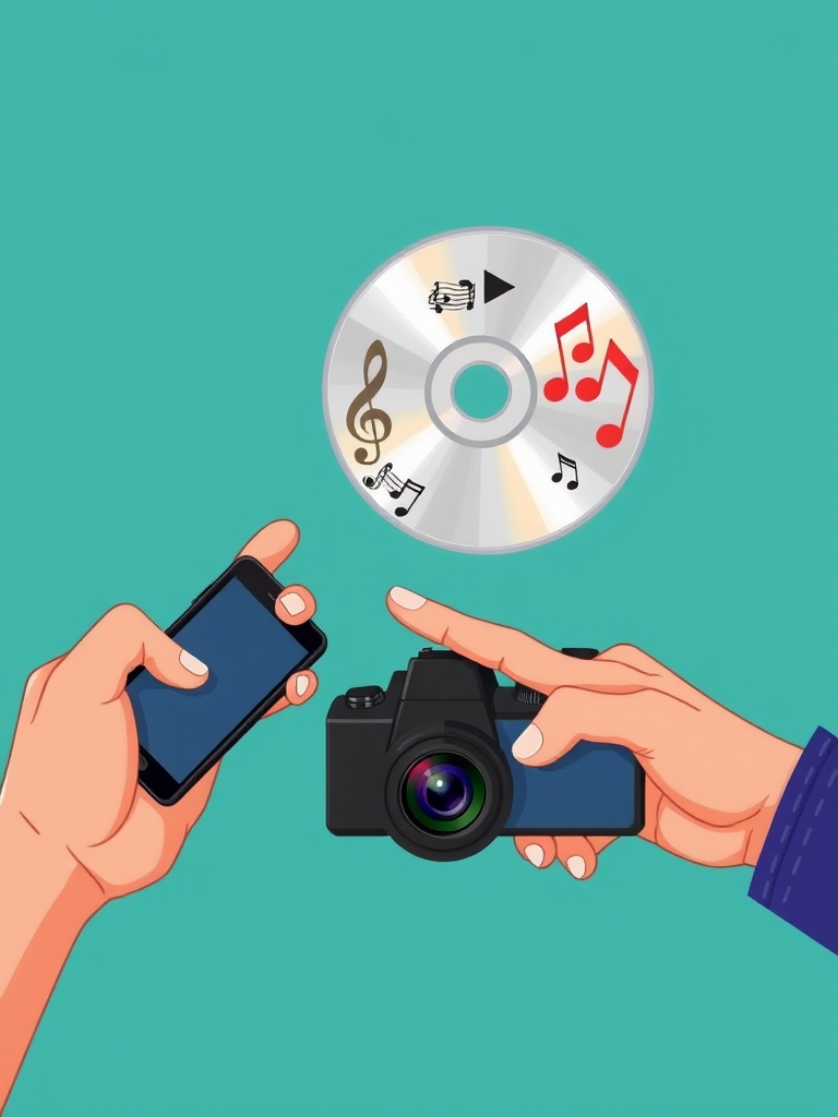 Create an illustration of two hands holding smartphones, one hand pointing at a CD with musical notes and images, set against a teal background, using a DSLR camera with a wide aperture of f/2.8, shutter speed of 1/125s, ISO 200, in landscape orientation, with natural lighting for vivid colors and sharp details.