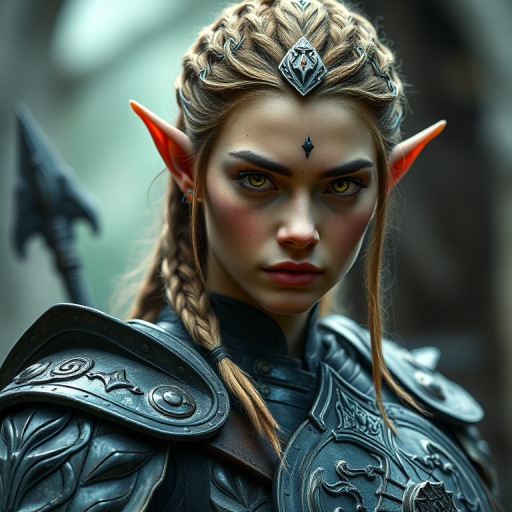 Portrait of an elf warrior with intricate armor, glowing eyes and braided hair, shot with a 50mm lens, f/1.8 aperture, 1/125s shutter speed, ISO 200, in soft diffused lighting with a shallow depth of field, using a full-frame DSLR camera.