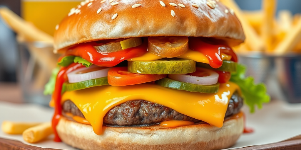 High-resolution, close-up image of a gourmet double cheeseburger. The burger features a glossy, sesame-seed-topped brioche bun. Inside, there are two thick, juicy beef patties, each topped with melted cheddar cheese. The burger is garnished with fresh lettuce, tomato slices, diced onions, and pickles. A generous amount of ketchup and a creamy, orange-colored sauce is dripping down the sides, adding to the mouth-watering appeal. In the background, there are blurred elements including a side of golden French fries and a hint of a beverage, enhancing the overall presentation of a delicious meal.
