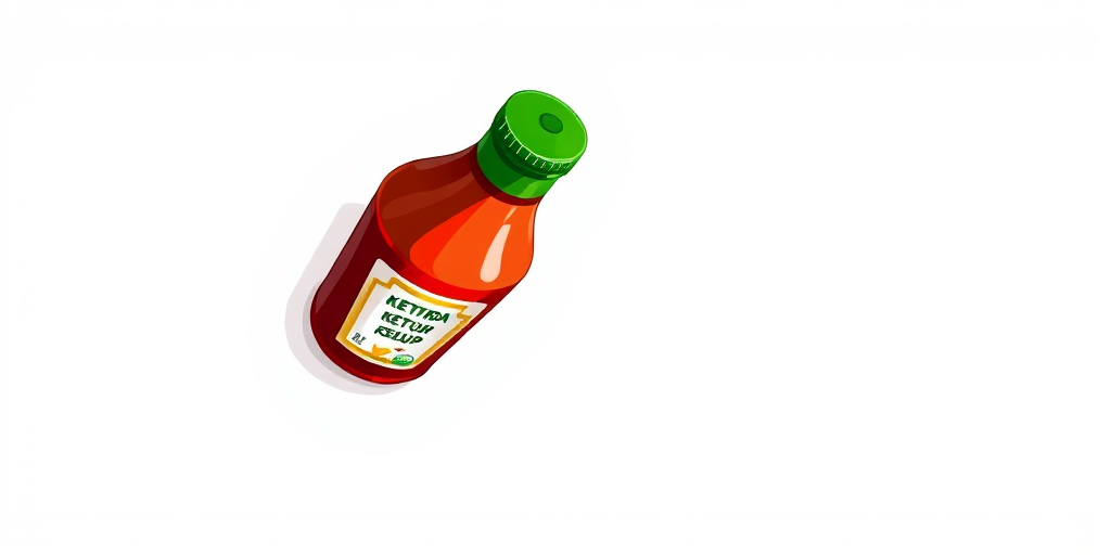 Create a high-resolution illustration of a ketchup bottle with a green cap against a white background, using a digital drawing style, shot from a slight angle to emphasize depth, with a focus on vibrant colors and smooth lines.