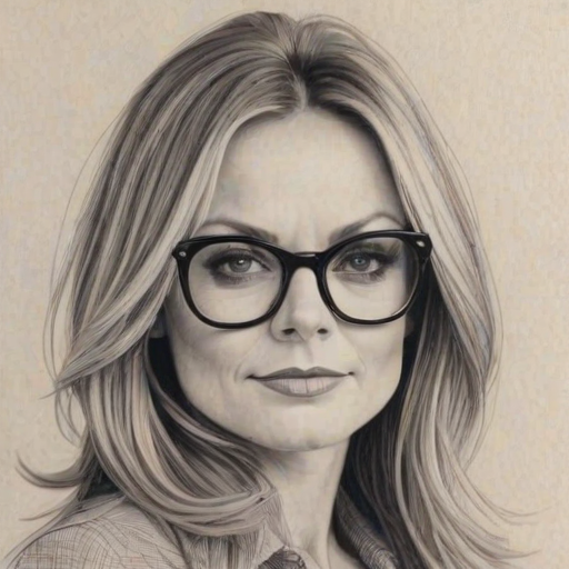 Sublime Geri Halliwell, pencil sketch, portrait of Dazzling woman 1967s in glasses, hair style beatnik, outline, clear lines, fine lines, 8k