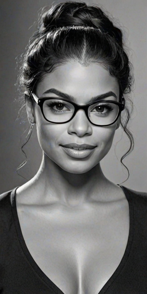 Enchanting Jordin Sparks, pencil sketch, portrait of Superb woman 1925s in glasses, hair style beatnik, outline, clear lines, fine lines, 8k