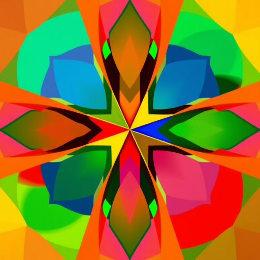 Create a high-resolution image of a dynamic abstract design featuring geometric shapes in vibrant colors, captured with a DSLR camera at f/8 aperture, ISO 200, 50mm lens, in portrait orientation for enhanced detail and clarity.