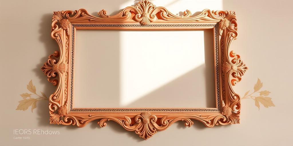 Create a high-resolution image of an ornate vintage picture frame with intricate floral designs in a soft peach and cream color palette, centered on a neutral background, using a Canon EOS R5 camera with a 50mm f/1.2 lens, shot at f/2.8, ISO 200, 1/125s, in natural light from the left for enhanced shadows and depth.