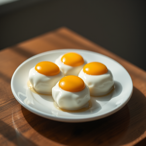 Create a high-resolution image of three sunny-side-up eggs on a white plate, captured with a Canon EOS R5 at f/2.8, ISO 100, 1/200s, top-down view, natural lighting, with a soft focus background for enhanced depth.