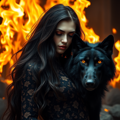 A woman with long dark hair, wearing a black lace dress that seamlessly blends into her skin with intricate floral patterns. She is in the foreground, with a black wolf beside her; its fur is midnight black, and it has glowing, intense, orange eyes that match hers. Her eyes are partially closed with burning embers above them, giving a fiery and mystical aura. The background is engulfed in tall, roaring flames, contributing to an overall dark and supernatural atmosphere. The colors are intense, predominantly black, fiery orange, and deep reds, with sharp contrast highlighting the mysterious and fierce theme. The flames are bright and dynamic, casting dramatic light and shadow, illuminating the woman and wolf while leaving parts in near darkness. The image evokes a sense of otherworldly power and connection between the woman and the wolf.