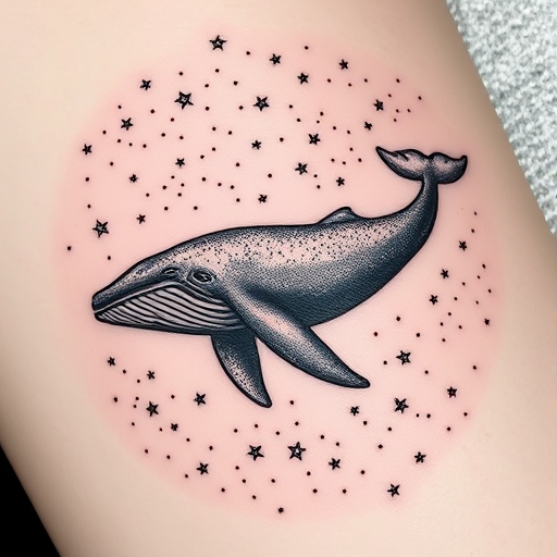 Dotwork tattoo called "Cosmic Whale" portraying a majestic whale swimming through a star-filled galaxy, using thousands of tiny dots to create shading, texture, and celestial elements