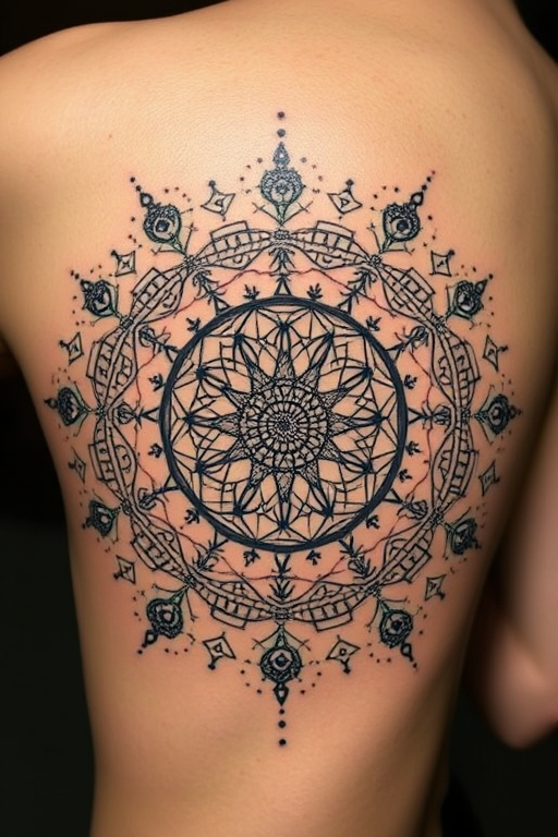 Mesmerizing dot work mandala tattoo titled "Cosmic Constellation" featuring an intricate circular design composed entirely of thousands of tiny dots in varying sizes and densities. The tattoo incorporates sacred geometry patterns, spirals, and symmetrical arrangements that radiate from a central point, creating a hypn