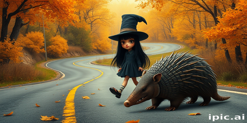 digital art fantasy depicting a strange girl with black hair, long eyelashes, orange lipstick and a tall hat walking along a winding road on an autumn afternoon, an armadillo smiles as he passes