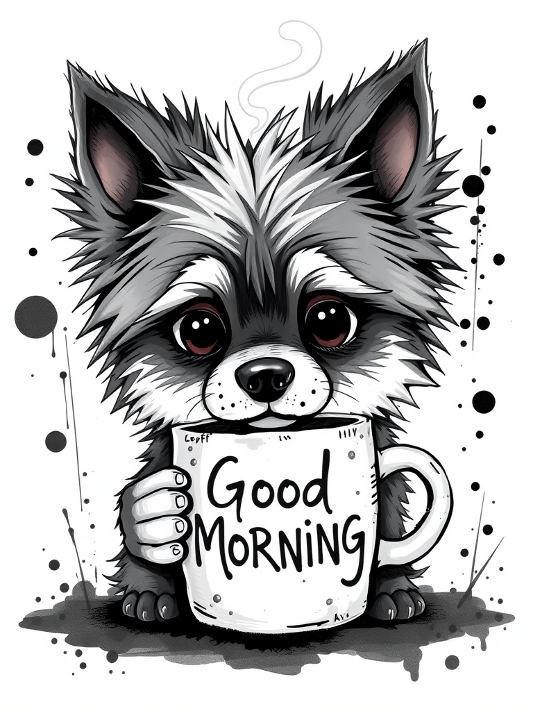 A quirky, artistic illustration of a disheveled aussiepom dog breed with exaggerated, large eyes and spiky fur, holding a coffee mug that reads "Good Morning". The dog has a tired but humorous expression, with ink splatters and abstract details surrounding it, giving a whimsical feel to the image. The color palette is mostly monochrome with hints of black in the eyes and steam rising from the mug, enhancing the overall sleepy vibe