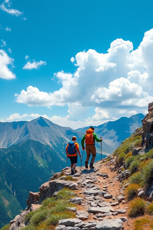 Create a vibrant illustration of three hikers on a rocky mountain trail under a bright blue sky with fluffy clouds, using a DSLR camera with a 24mm lens, f/8 aperture, and ISO 100 for high detail and clarity.