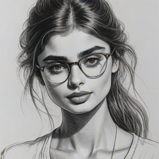 Attractive Taylor Hill, pencil sketch, portrait of Fascinating woman 1977s in glasses, hair style beatnik, outline, clear lines, fine lines, 8k