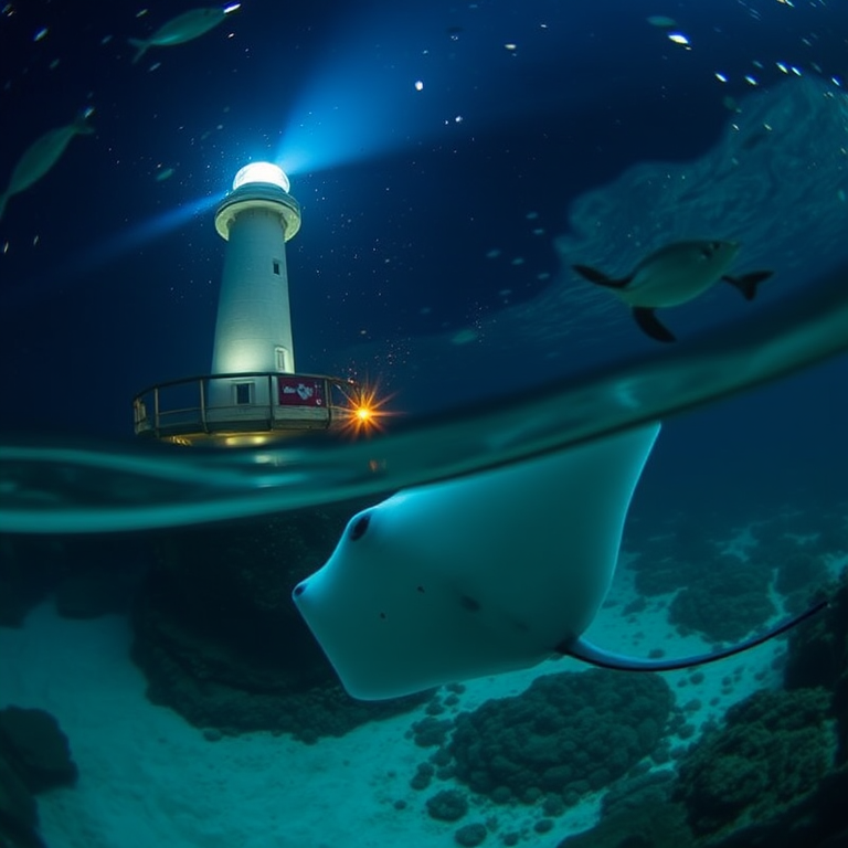 Create a detailed underwater scene featuring a lighthouse illuminated at night with a manta ray swimming gracefully in the background, using a DSLR camera with a 24mm lens, f/8 aperture, ISO 200, 1/125s shutter speed, wide-angle view, and enhanced clarity with a low-light setting.