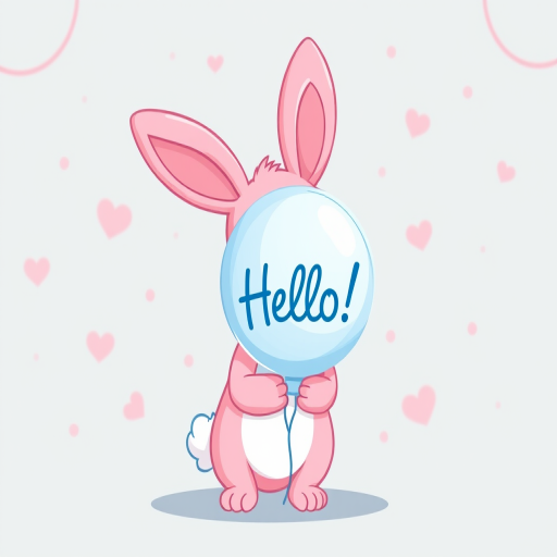 Create a cute cartoon-style illustration of a pink bunny holding a light blue balloon with "Hello!" written on it, using a soft color palette and a whimsical background, shot with a Canon EOS R5, 50mm lens, f/2.8 aperture, 1/200s shutter speed, and ISO 100 for vibrant colors and sharp details.