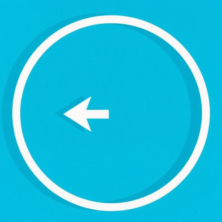 Create a circular graphic with a solid blue background and a white left arrow in the center casting a subtle shadow, using a Canon EOS R5 camera with a 50mm lens, aperture set to f/2.8, ISO 100, and a shallow depth of field for enhanced clarity.