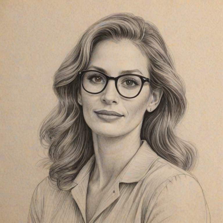Appealing Julia Roberts, pencil sketch, portrait of Graceful woman 1939s in glasses, hair style beatnik, outline, clear lines, fine lines, 8k