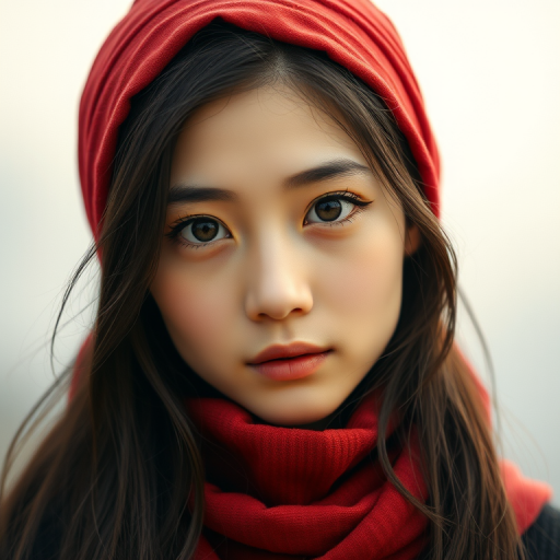 Create a portrait of a young Korean woman with long, dark hair and captivating hazel eyes. She is wearing a red headscarf and a matching scarf draped gracefully around her neck. The background is softly blurred, focusing attention on her serene and natural expression. The overall color palette is muted and warm, enhancing the intimate and authentic feel of the portrait.