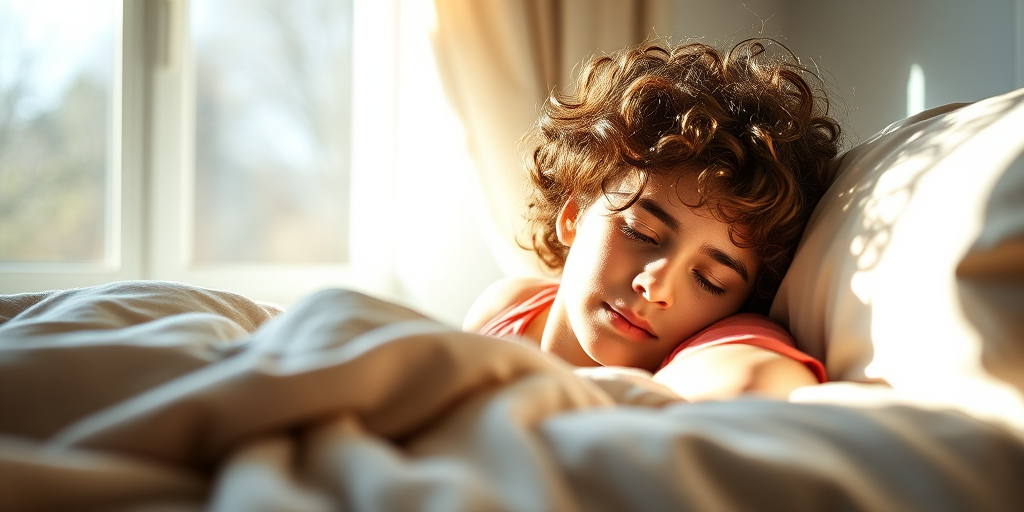 generate a serene indoor scene of a young person with curly hair resting on a bed, soft sunlight streaming through a window creating a warm and cozy atmosphere, emphasize natural lighting and details in fabric texture, shot with a Canon EOS R5 at f/2.8 for a shallow depth of field, ISO 100, 50mm lens for crisp focus and vibrant colors