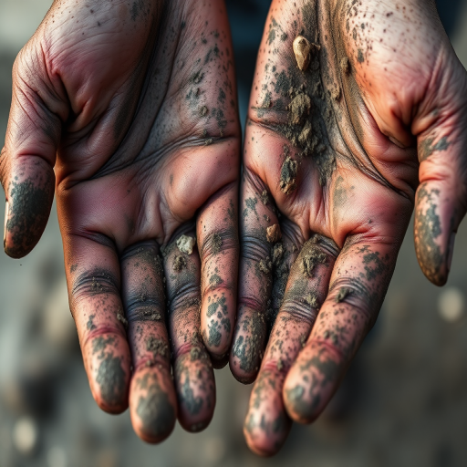 A close-up shot of two hands covered in dirt and grime, focus on texture and detail, natural lighting, aperture f/2.8, shutter speed 1/200s, ISO 100, macro lens, DSLR camera, shallow depth of field.