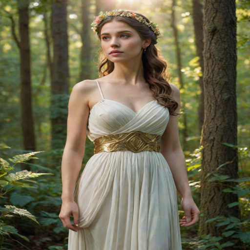 Create a portrait of a goddess-like female figure in a tranquil, forested environment. She has an elegant appearance with long, wavy hair styled in an updo and adorned with a delicate, floral headband. She wears a flowing, ancient Greek-inspired gown in a soft, pale color, featuring a one-shoulder design and draped fabric that accentuates her graceful form. The outfit includes a decorative belt with ornate gold detailing, and she holds a bow in her hand, with a quiver of arrows slung over her shoulder. The background depicts lush greenery, with sunlight filtering through the trees, casting a gentle, ethereal light on the scene. Her expression is calm and contemplative, embodying a sense of wisdom and serenity.