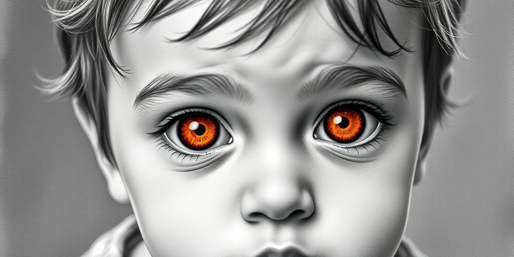 A hyperdetailed photorealistic black and white sketch of a beautiful toddler with deep orange eyes, with a macro focus