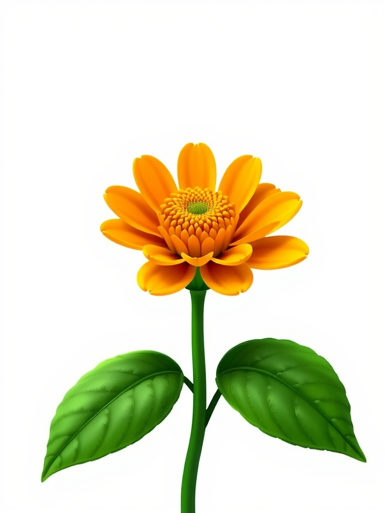 Create a vibrant digital illustration of a stylized flower with a yellow center and green leaves, set against a clean white background, using a Canon EOS 5D Mark IV camera with an aperture of f/8, ISO 100, and a focal length of 50mm to enhance detail and clarity.