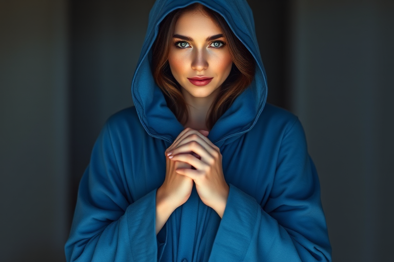 Create a serene portrait of a woman in a flowing blue robe with a hood, hands clasped in front of her, ethereal light surrounding her, soft focus, Canon EOS R5, 50mm f/1.2 lens, ISO 100, f/1.8, natural soft lighting.