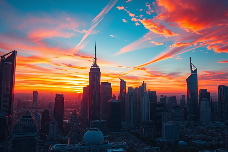 Generate a detailed illustration of a futuristic city skyline at sunset, capturing vibrant colors of the sky with reflections on the buildings, shot with a Canon EOS R5, aperture f/8, ISO 100, 24mm wide-angle lens, high dynamic range for enhanced contrast and depth.