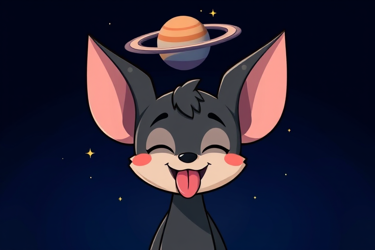 Create a cartoon character with big ears and a playful expression sticking out its tongue against a dark blue background with a small planet and rings floating above it, including some twinkling stars.