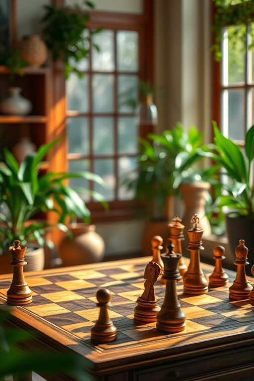 a highly detailed, hyper-realistic image of an intricately designed chessboard set in a cozy, sunlit room, with lush greenery and decorative pieces surrounding it, 50mm lens, f/1.8 aperture, ISO 200, soft focus background for depth, natural light illumination, DSLR camera