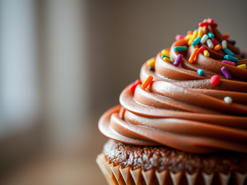 A close-up shot of a chocolate cupcake with swirls of creamy frosting topped with colorful sprinkles, softly focused background, natural lighting, aperture f/2.8, shutter speed 1/125 sec, ISO 100, DSLR camera, macro lens.