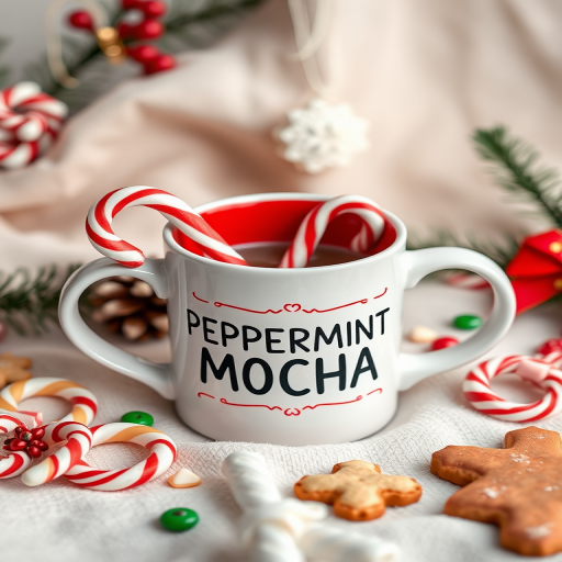 A cozy holiday scene featuring a white mug with red interior labeled "PEPPERMINT MOCHA" filled with a peppermint candy cane, surrounded by colorful candy canes, ribbon candies, and festive cookies on a soft fabric backdrop, shot with a Canon EOS R5 at f/2.8, ISO 100, 50mm lens, natural light, shallow depth of field for a warm, inviting atmosphere.