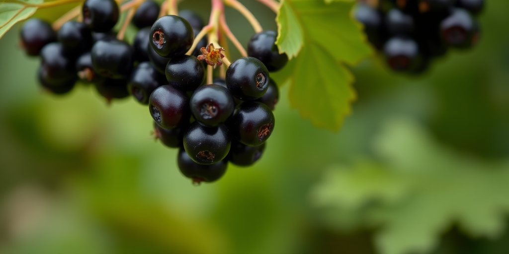 Close-up shot of blackcurrant clusters hanging on a branch, soft focus background, 50mm lens, f/2.8 aperture, ISO 100, natural light.