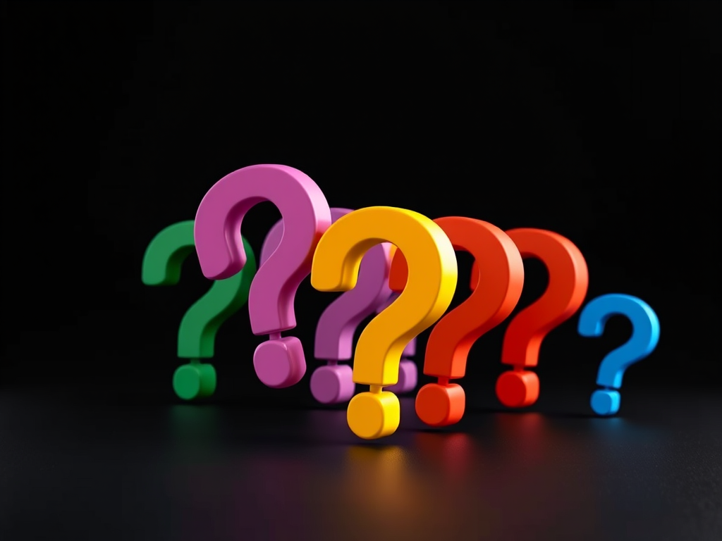 Create a 3D render of colorful question marks in a dark background, using a 50mm lens, f/8 aperture, ISO 100, and a studio lighting setup for enhanced contrast and clarity.