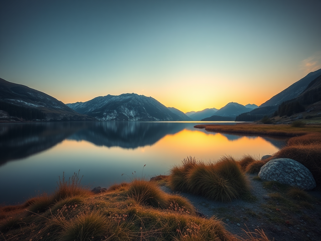 Create a high-resolution image of a serene landscape with a lake at sunrise, captured with a Canon EOS R5, 24mm lens, f/11 aperture, ISO 100, using a wide-angle perspective to enhance depth and clarity.