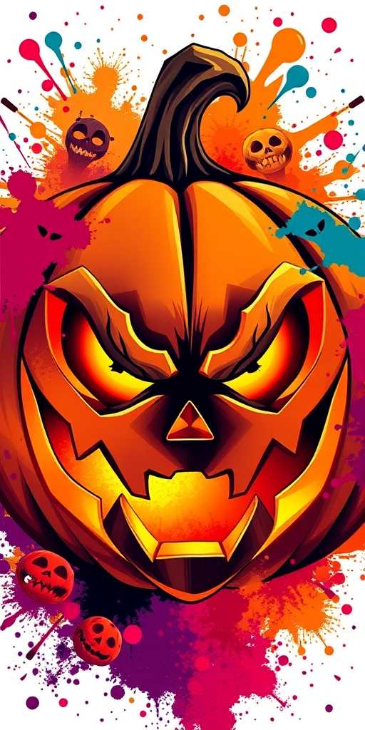 Create a high-resolution digital illustration of a stylized jack-o'-lantern with menacing features, surrounded by vibrant splashes of color, using a DSLR camera with a 50mm lens, f/2.8 aperture, ISO 100, and a shallow depth of field for enhanced focus and clarity, in a bright, well-lit environment.